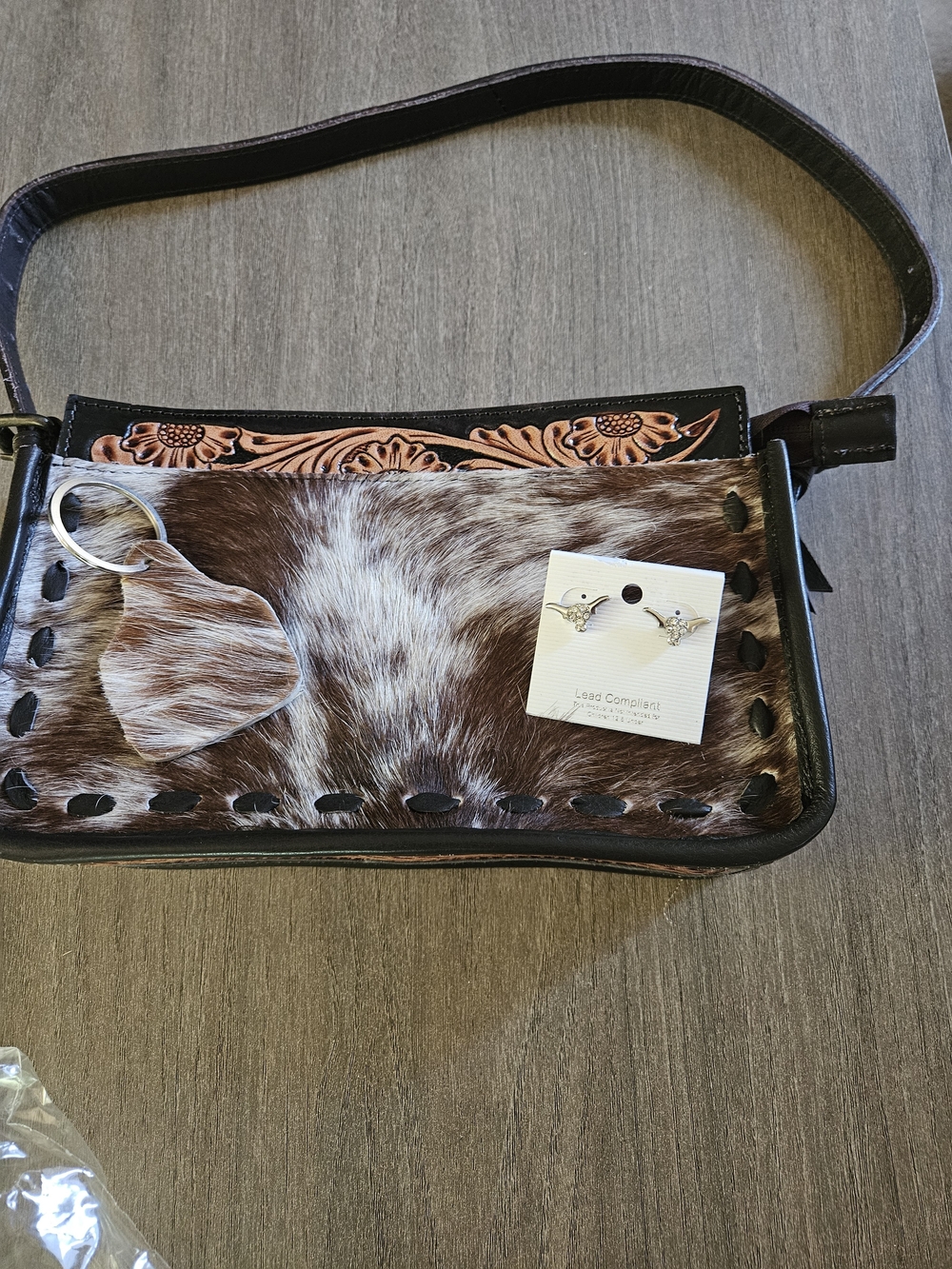 Handcrafted Cowhide & Tooled Leather Crossbody Bag/Keychain And Fashion Earrngs